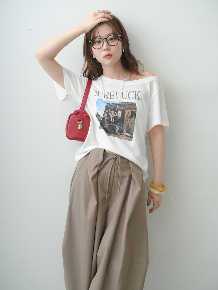 [SET]ワイドネックプリントTEE+ベルトループカーブタックワイドパンツ(2set)