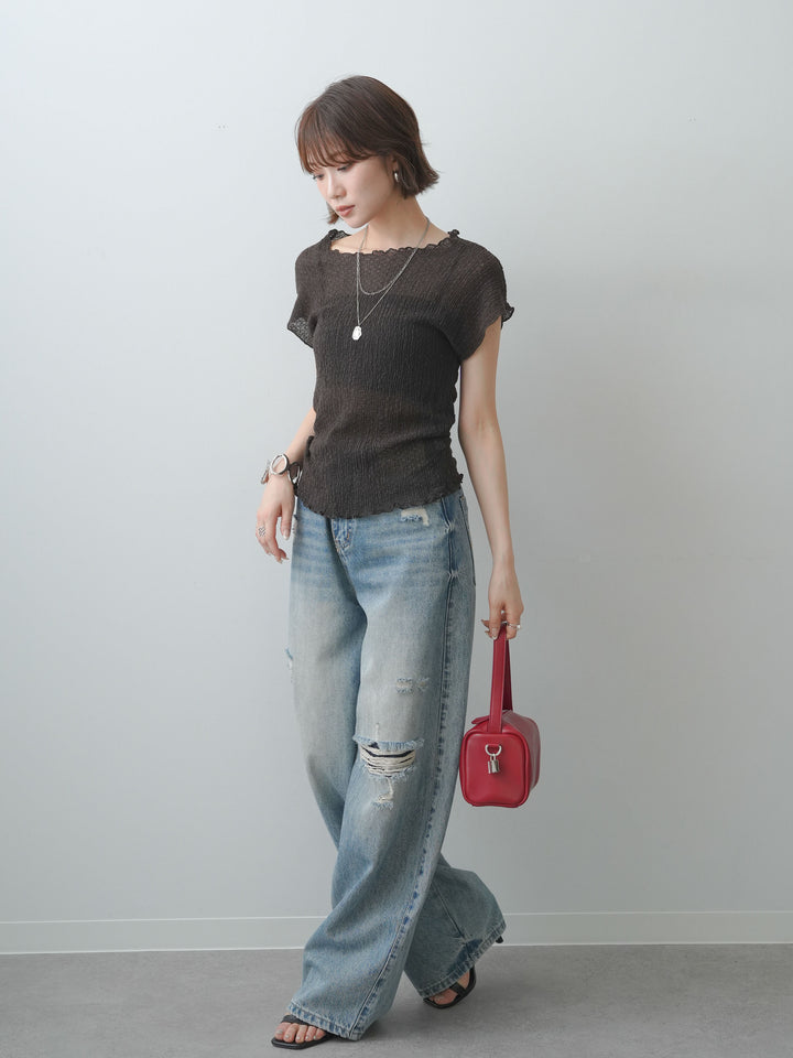 [SET]シャーリングシアーバックオープンフレンチトップス+ダメージデニムセミワイドパンツ(2set)
