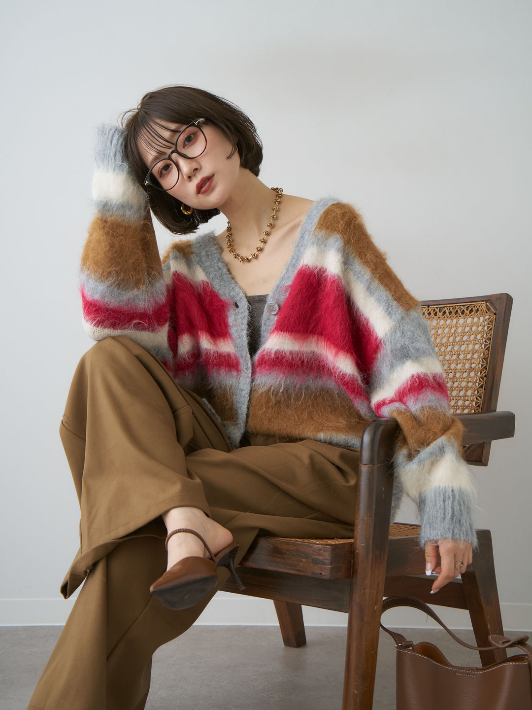 [SET]カラフルシャギーボーダーカーディガン+ダブルタックドレープストレートワイドパンツ(2set)