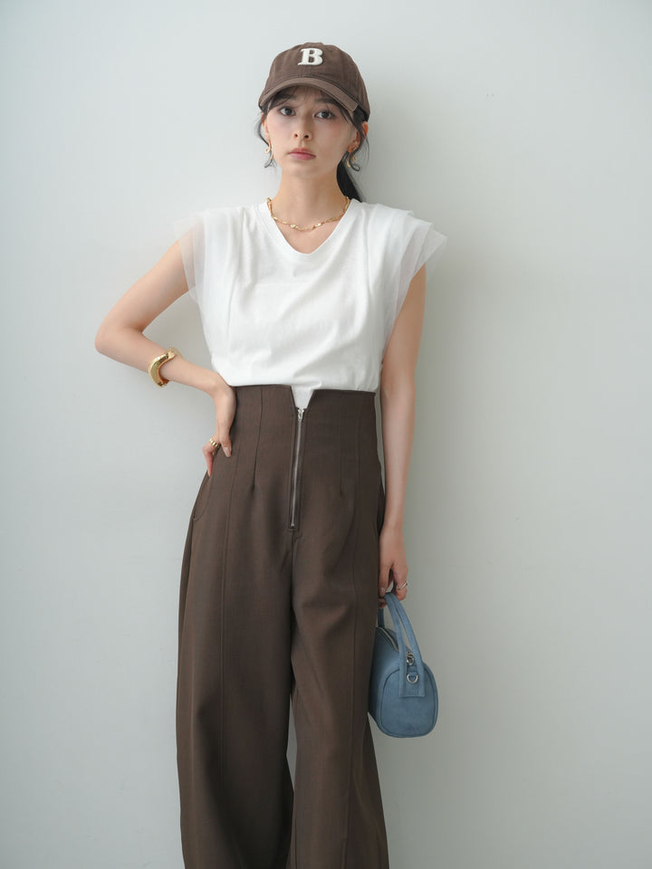 [SET]ショルダーチュールノースリTEE+ハイウエストカーブレッグパンツ(2set)