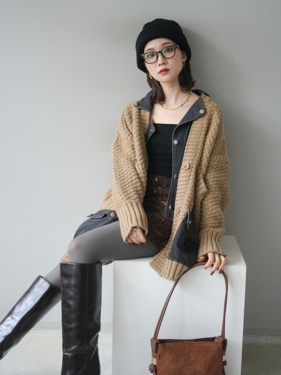 [予約]デニム襟レイヤードニットジャケット/beige