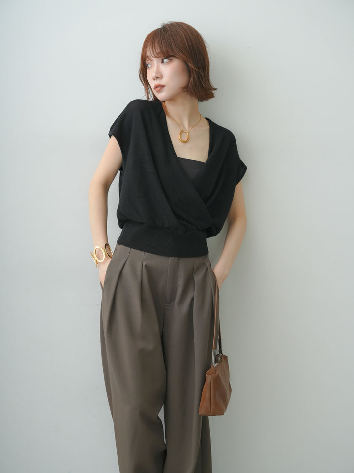 [SET]カシュクールフレンチニットトップス+クレープデシンタックワイドパンツ(2set)