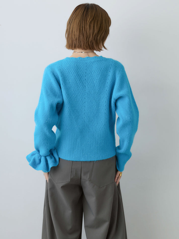 [SET]シュシュ付ラメニットカーディガン+サイドタックギャザーカーブパンツ(2set)