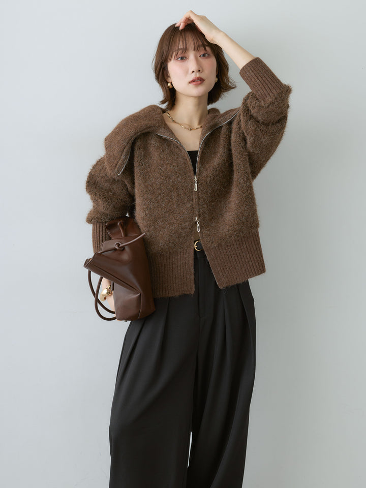 [SET]ビッグカラーシャギーニットブルゾン+ツイルタックワイドパンツ(2set)