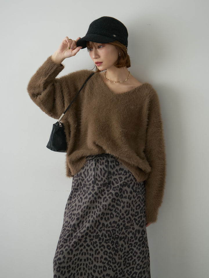[予約]バックリボンVネックシャギーニットトップス/brown
