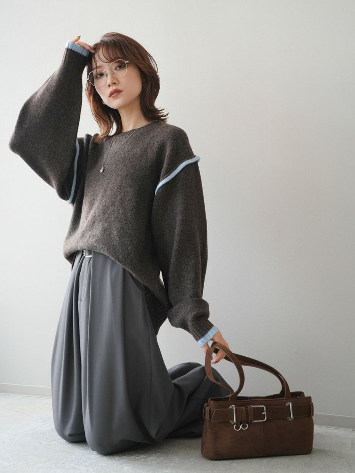 [予約]バイカラーパイピングニットプルオーバー/brown