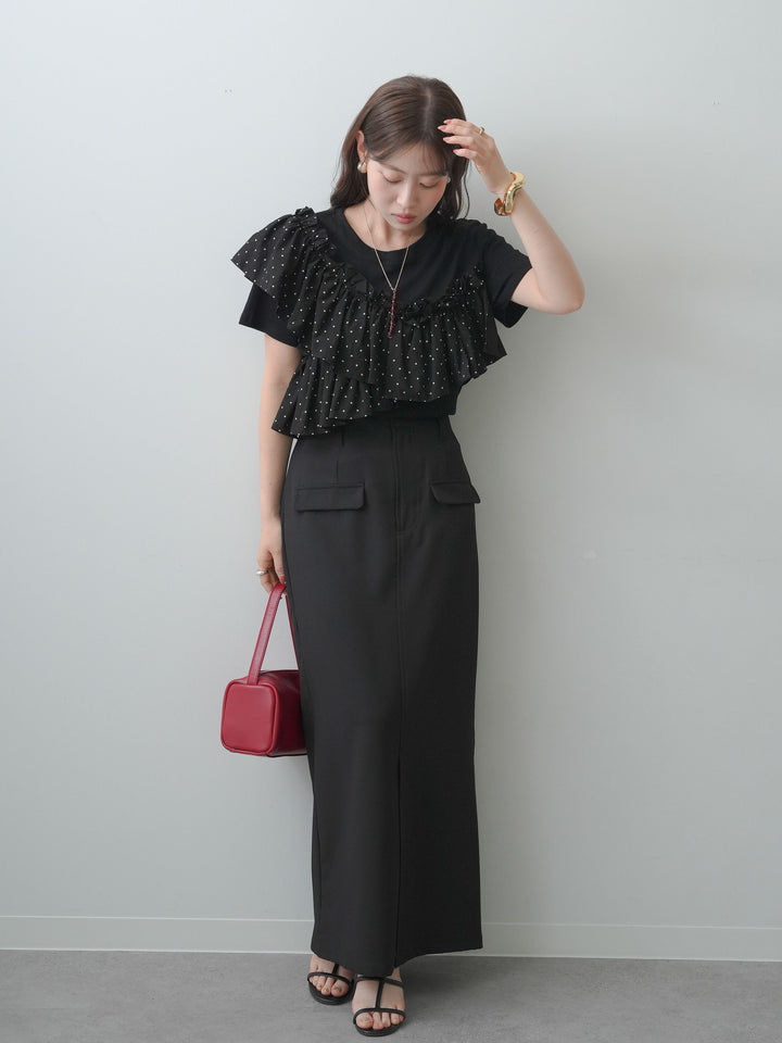 [SET]ドットギャザーフリルデザインTEE+クレープデシンフラップ付きストレートスカート(2set)