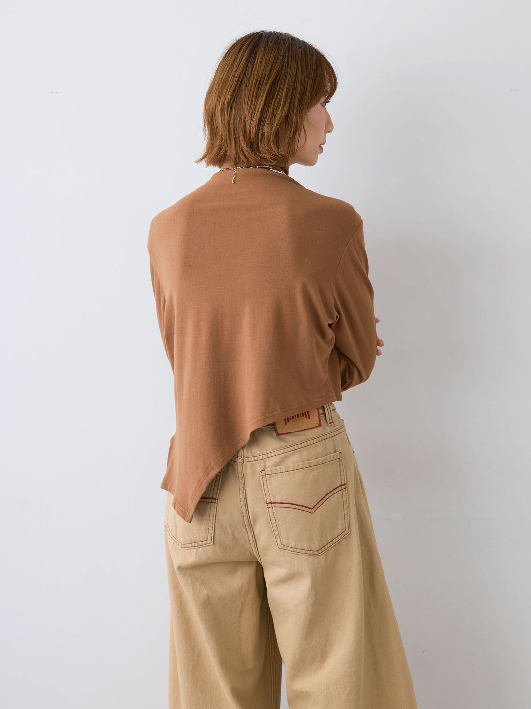 [SET]モックネックアシメヘムトップス+カラーステッチワイドパンツ(2set)