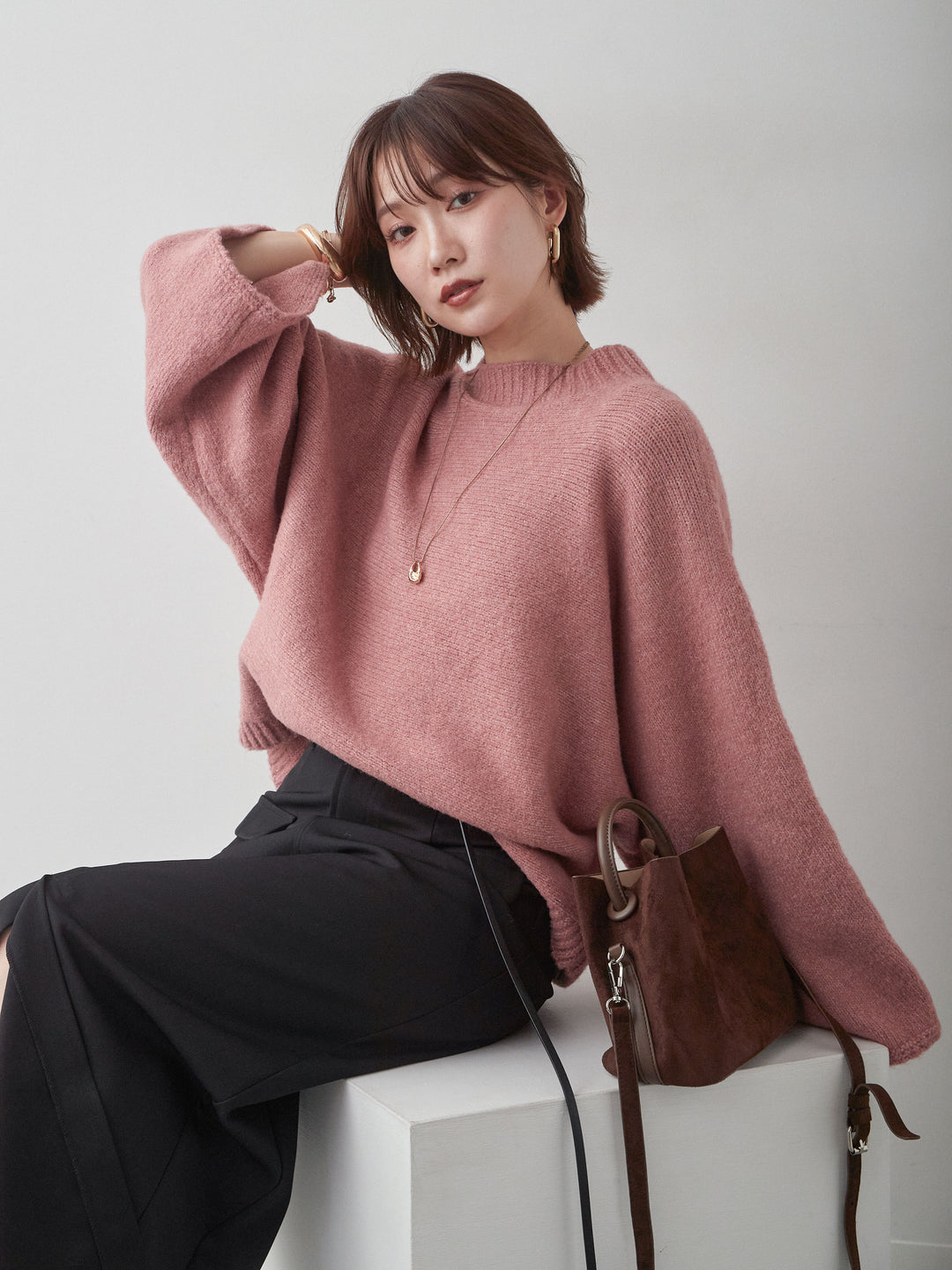 [予約]ワイドスリーブボトルネックニットトップス/red