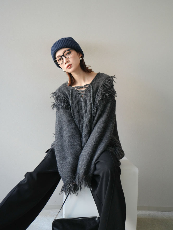 [予約]レースアップフリンジニットプルオーバー/gray