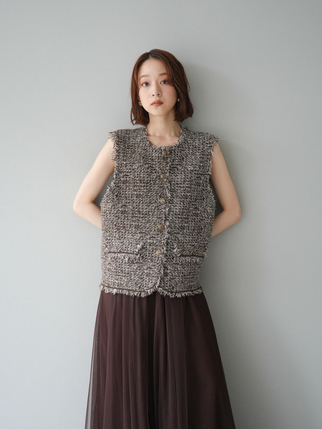 [予約]ミックスツイードフリンジニットベスト/ブラウン