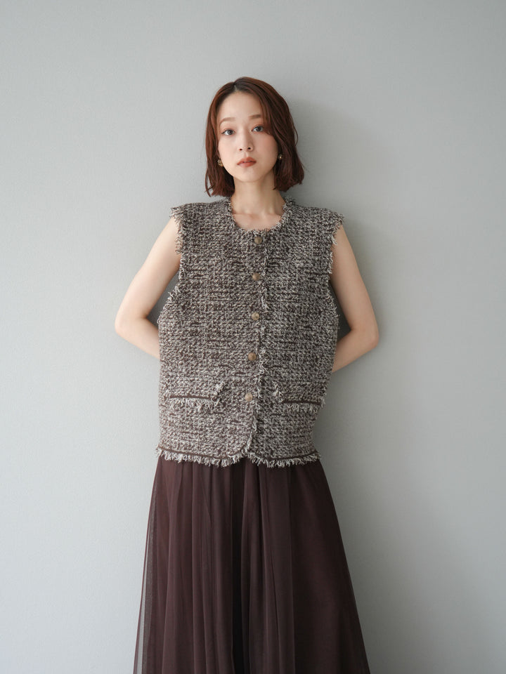 [予約]ミックスツイードフリンジニットベスト/ブラウン