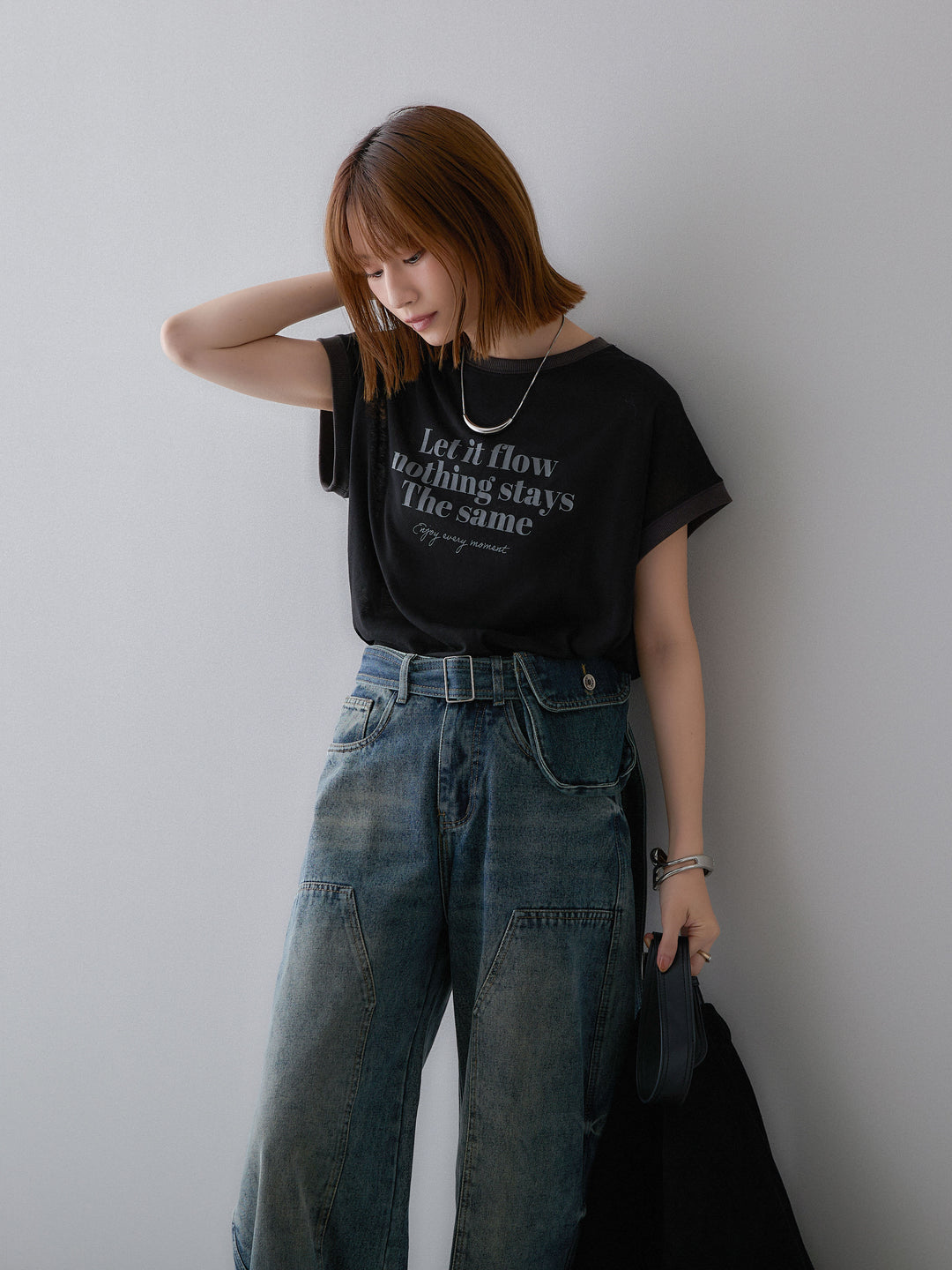 [SET]シアースラブバイカラーフレンチTEE+マルチポーチ付立体カーブデニム(2set)
