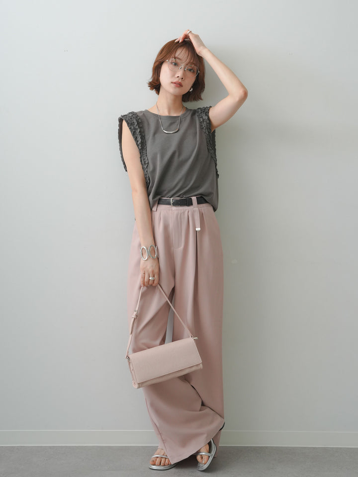 [SET]ホイップフリルフレンチTEE+ベルト付キーホルダーモチーフワイドパンツ(2set)