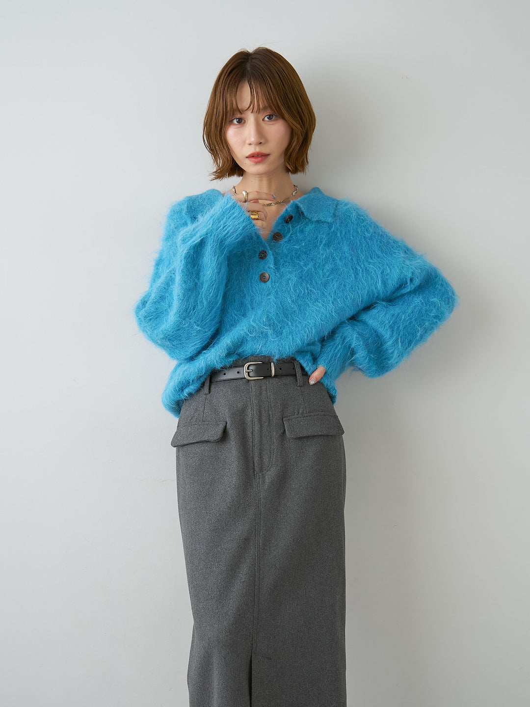[予約]ヘンリーシャギーニットトップス/blue