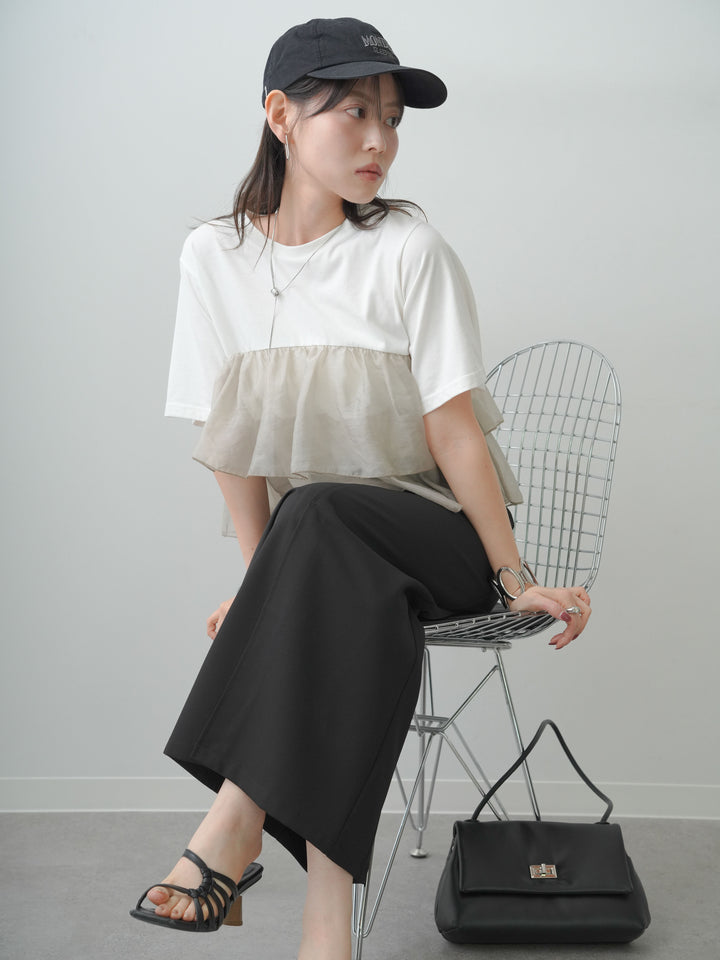 [SET]オーガンジーフリルドッキングTEE+クレープデシンフラップ付きストレートスカート(2set)