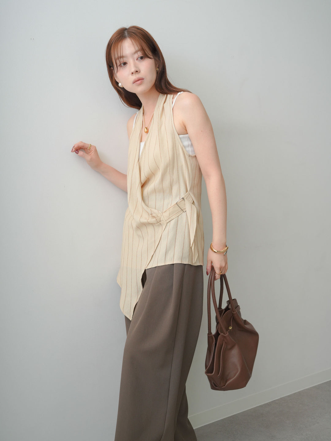 [SET]ストライプカシュクールジレ+クレープデシンタックワイドパンツ(2set)
