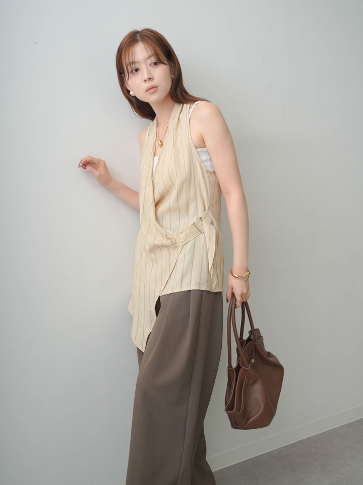 [SET]ストライプカシュクールジレ+クレープデシンタックワイドパンツ(2set)