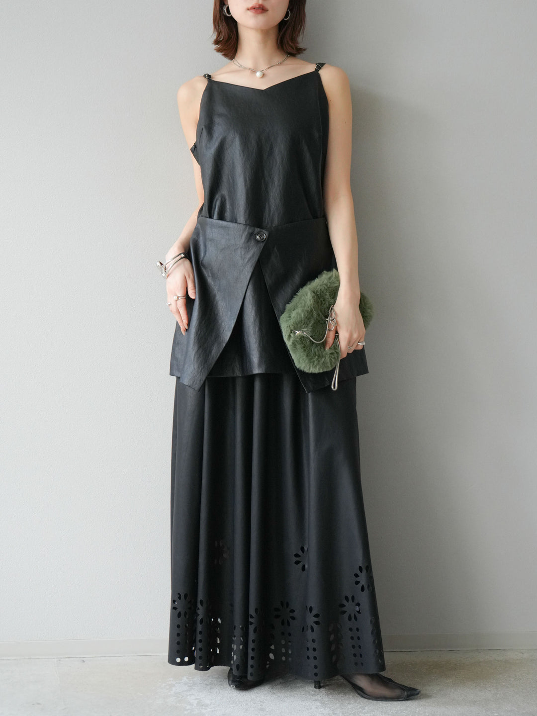 [予約]レイヤードレザーキャミソールチュニック/ブラック