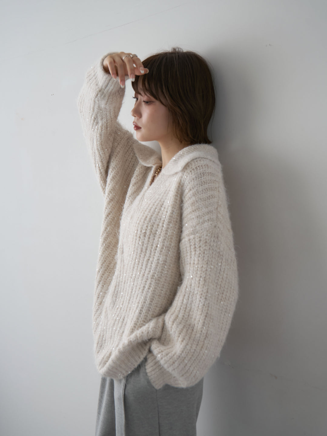 [予約]スキッパースパンリブニットトップス/ivory