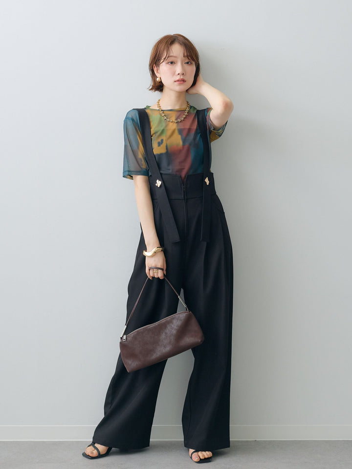 [SET]水彩アートシアーTシャツ+ゴールドボタンサスペンダーワイドパンツ(2set)