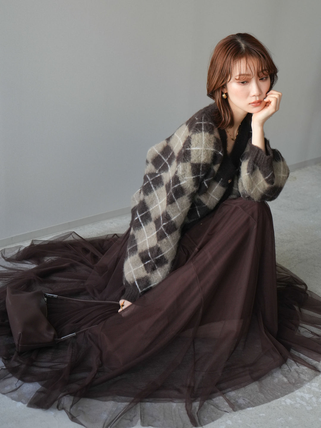 [予約]アーガイルシャギーニットカーディガン/brown