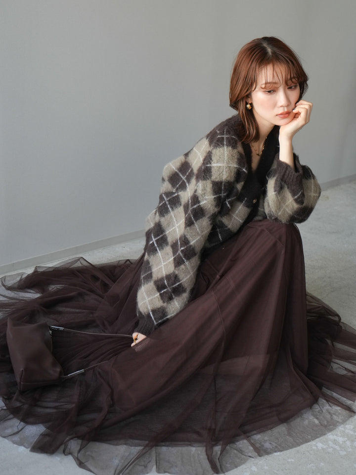 [予約]アーガイルシャギーニットカーディガン/brown