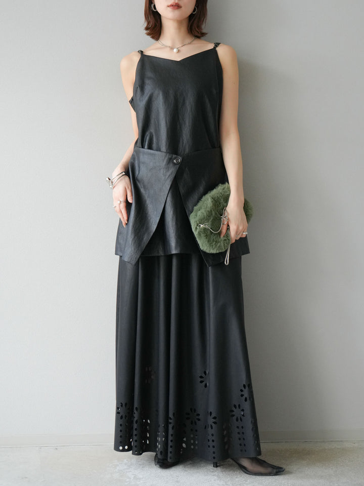 [予約]フラワーパンチングレザースカート/ブラック