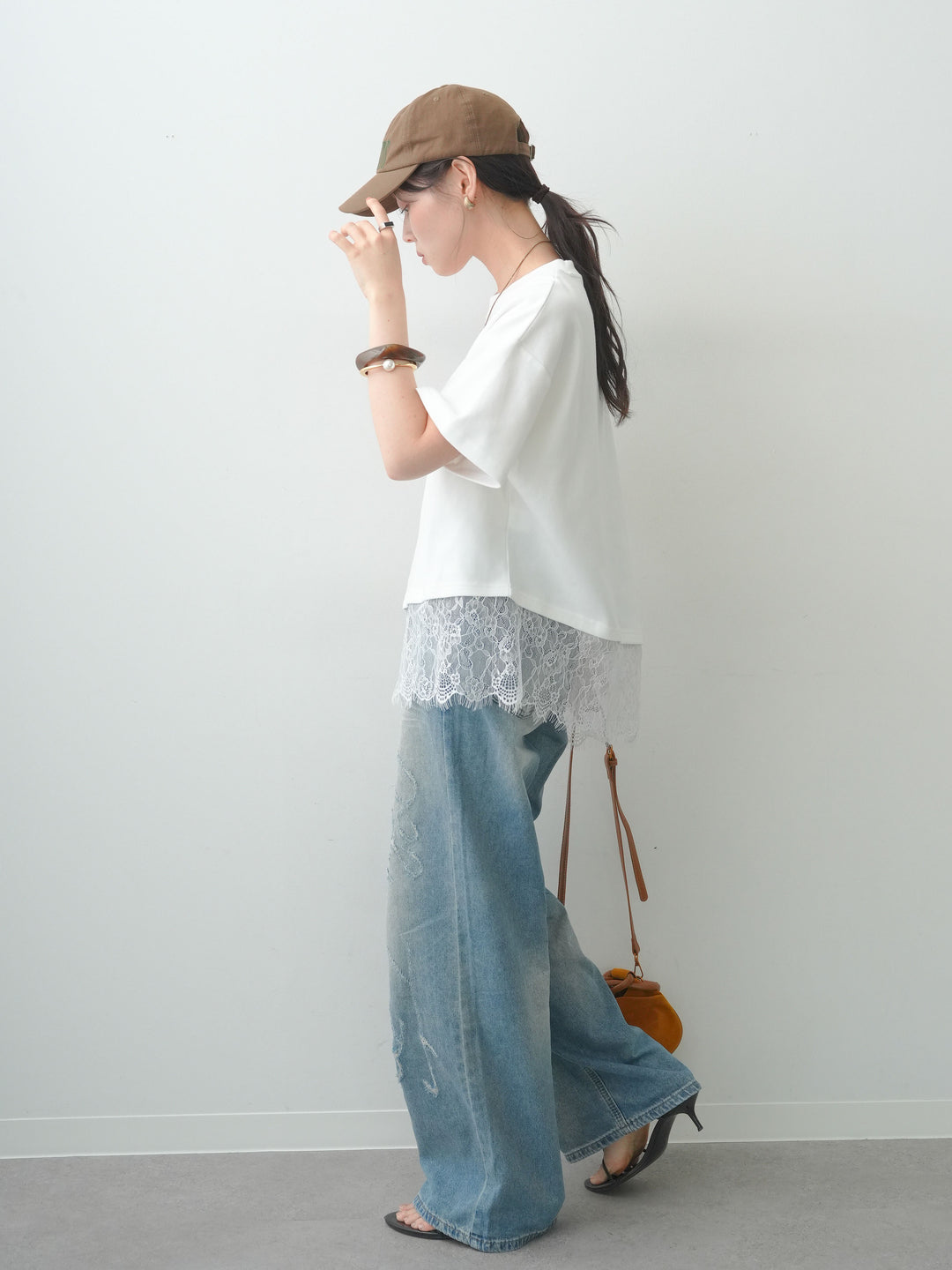 [SET]アシメレースヘムワイドTEE+グラフィックスクラッチワイドデニム(2set)