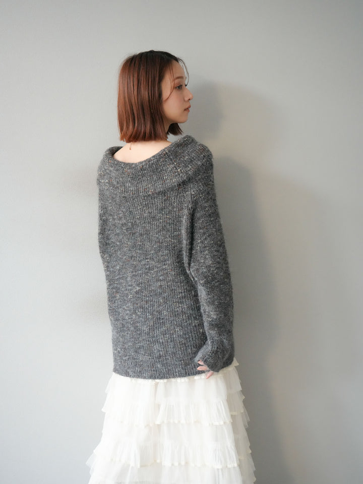 [予約]ミックスヤーンオフショルルーズニットプルオーバー/グレー