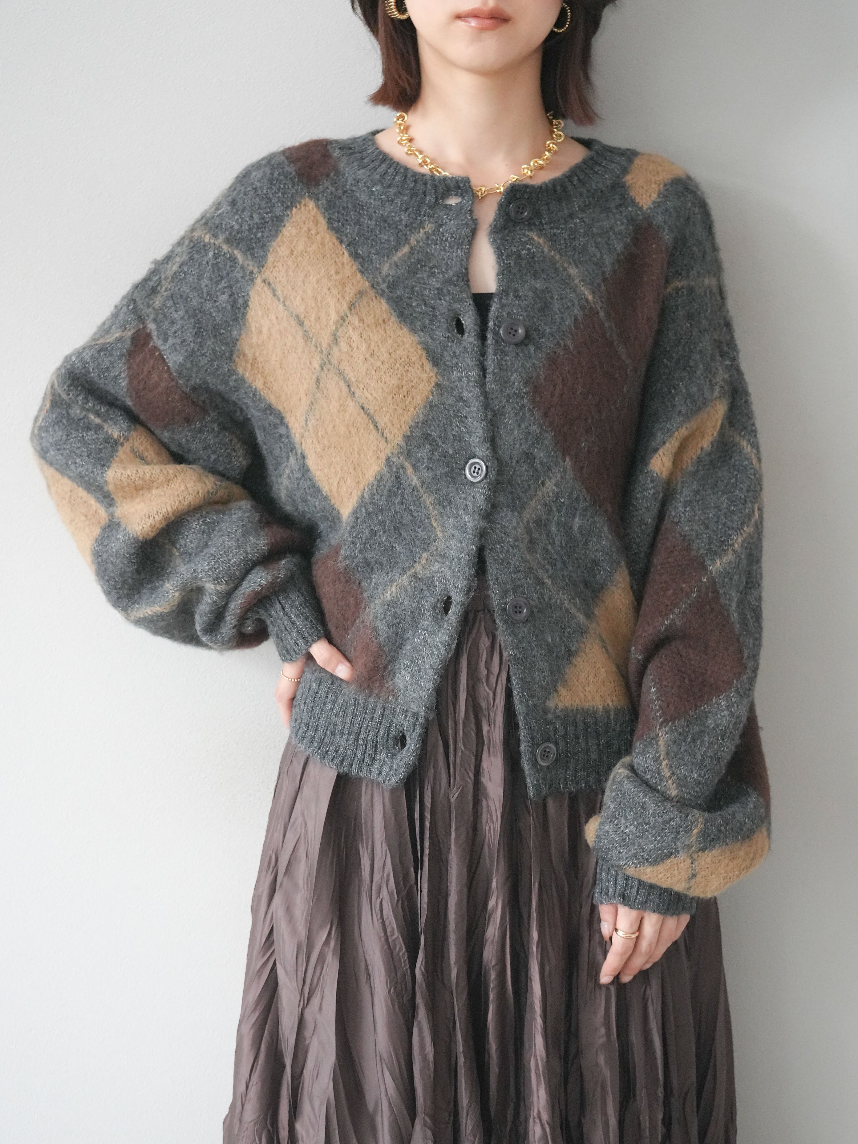 予約]モヘアタッチアーガイルニットカーディガン/charcoal – Lumier