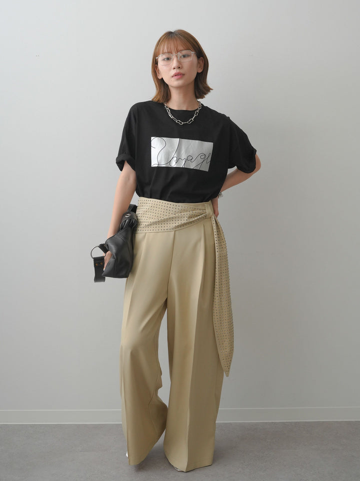 [SET]箔プリントボックスTEE+ビジューベルトタックワイドパンツ(2set)