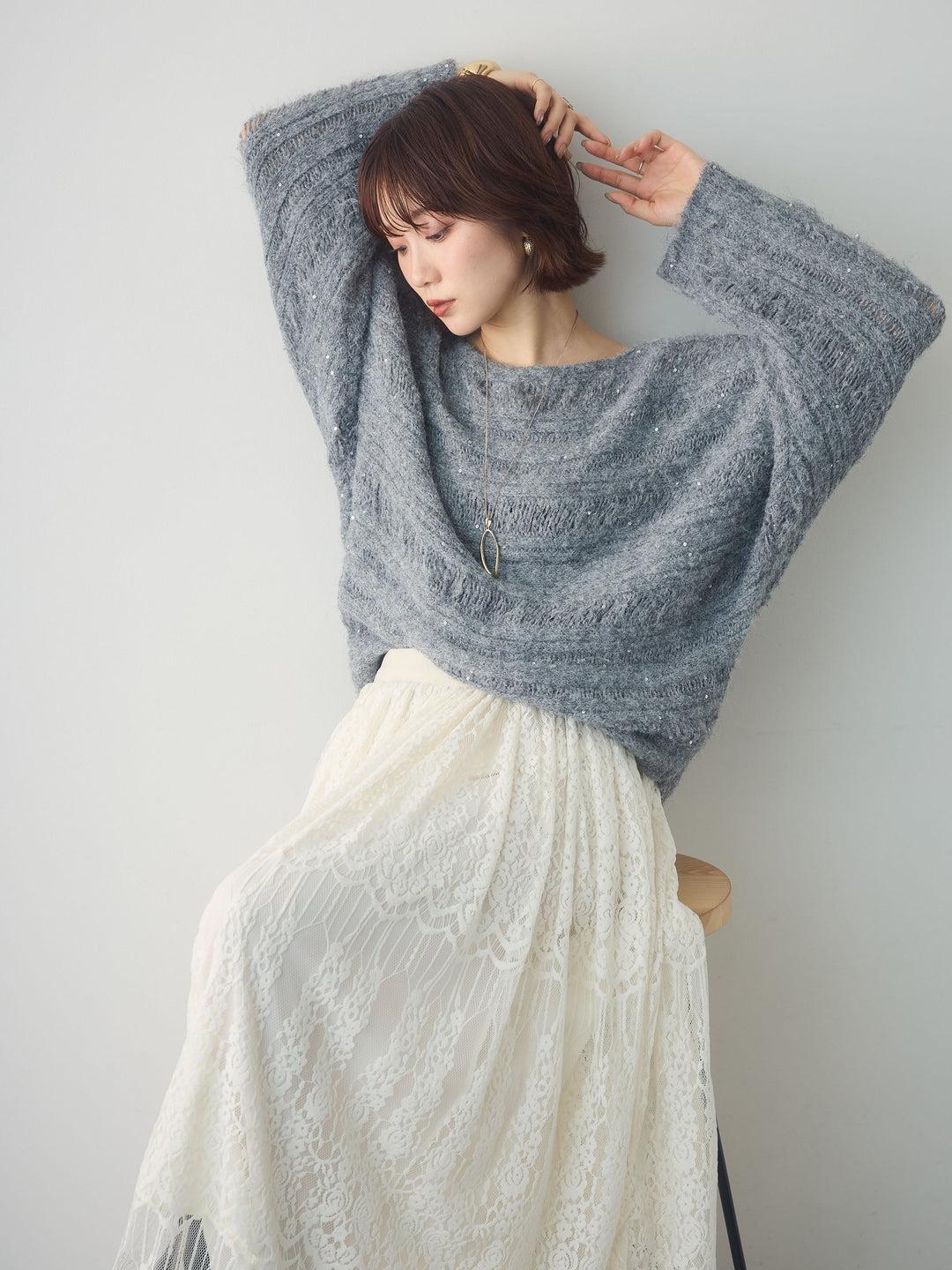 [予約]ミックス透かし編ワイドネックニットトップス/gray
