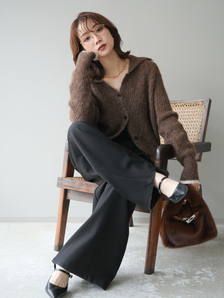 [予約]襟付きバイカラーミックスニットカーディガン/brown