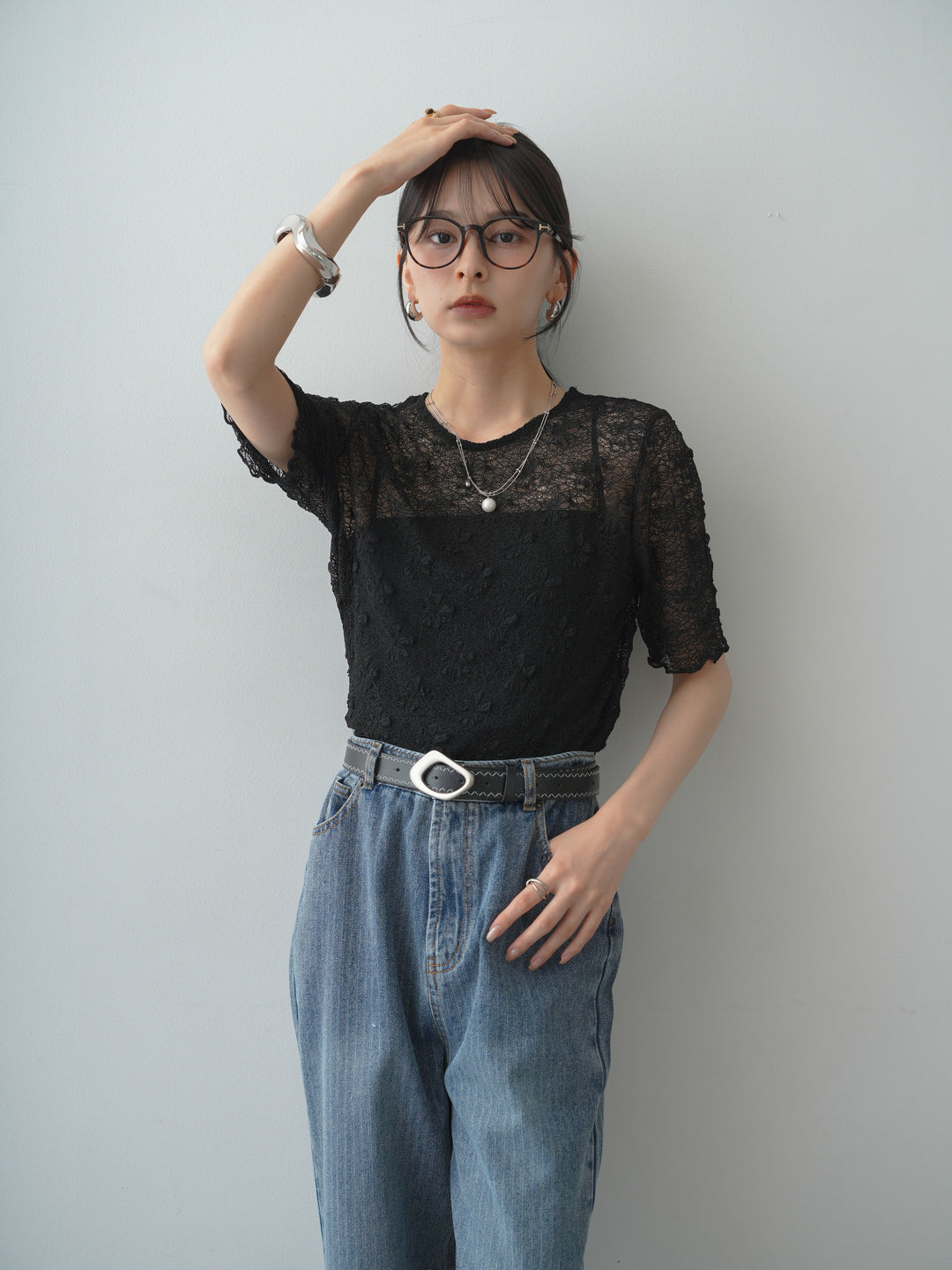 [SET]フラワーモチーフレーストップス+ストライプワイドストレートデニム(2set)