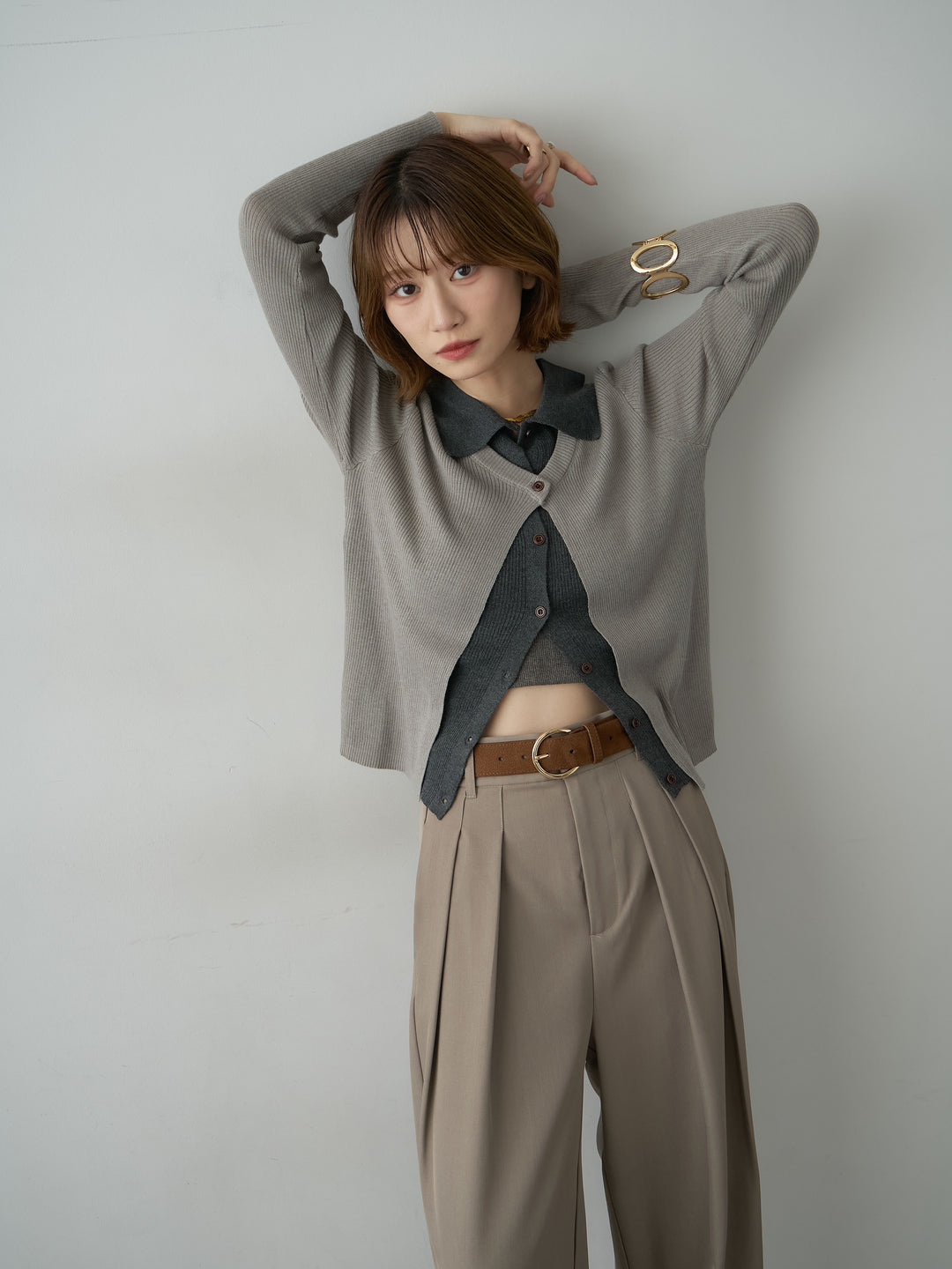[SET]フロントレイヤードデザインリブニットシャツ+ツイルタックワイドパンツ(2set)