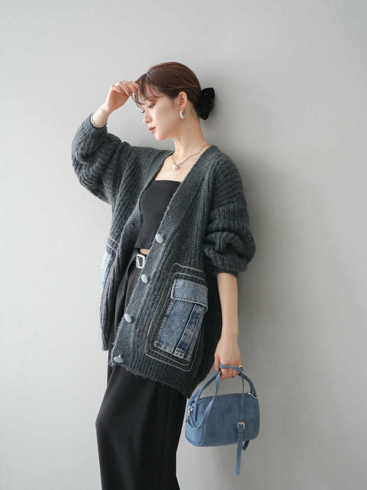 [予約]デニムポケットハンドステッチカーディガン/gray