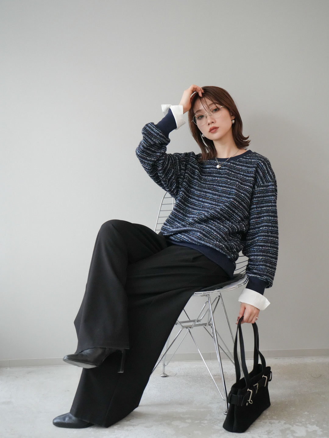 [予約]MIXツイードライクカフスドッキングプルオーバー/blue