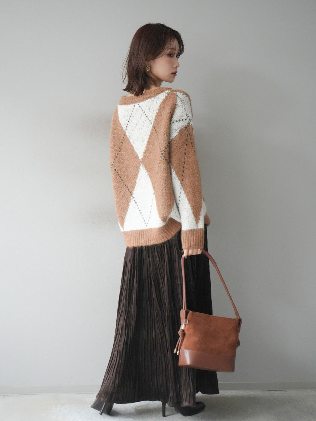 [SET]アーガイルオーバーニットプルオーバー+スエードワッシャープリーツスカート(2set)