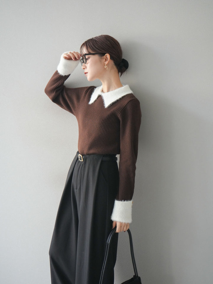 [SET]シャギー襟リブニットトップス+ベルトループデザインワイドパンツ(2set)