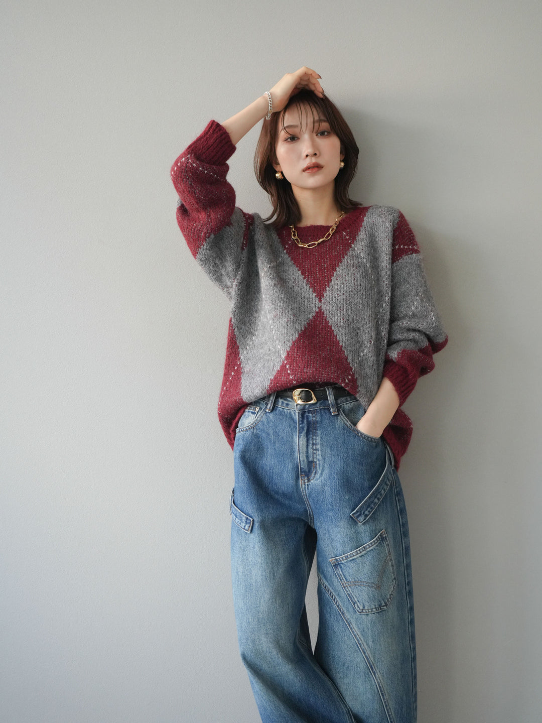 [予約]アーガイルオーバーニットプルオーバー/bordeaux