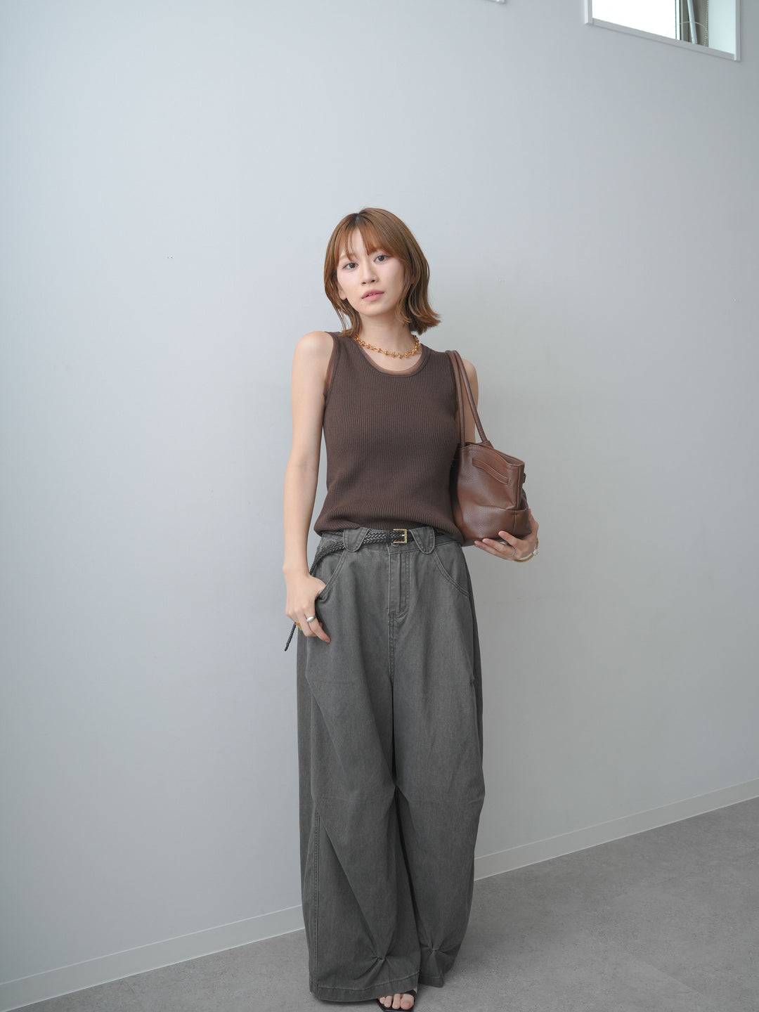 [SET]チュールトリムリブニットタンクトップ+ウォッシュタックカーブパンツ(2set)