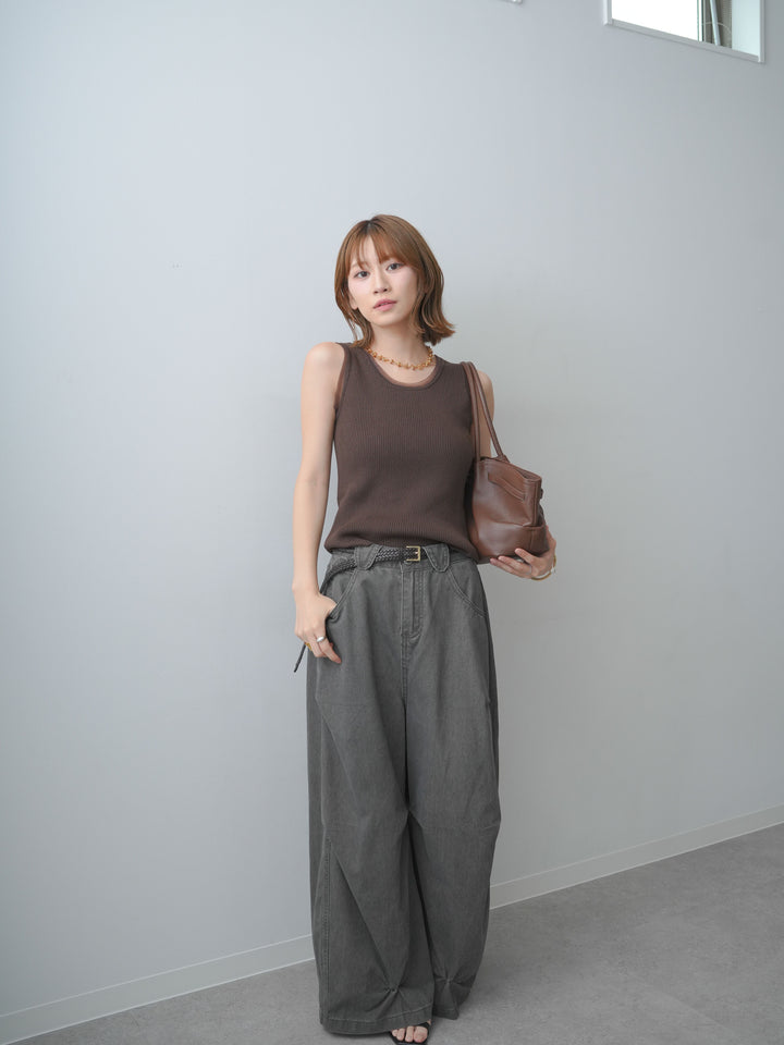 [SET]チュールトリムリブニットタンクトップ+ウォッシュタックカーブパンツ(2set)