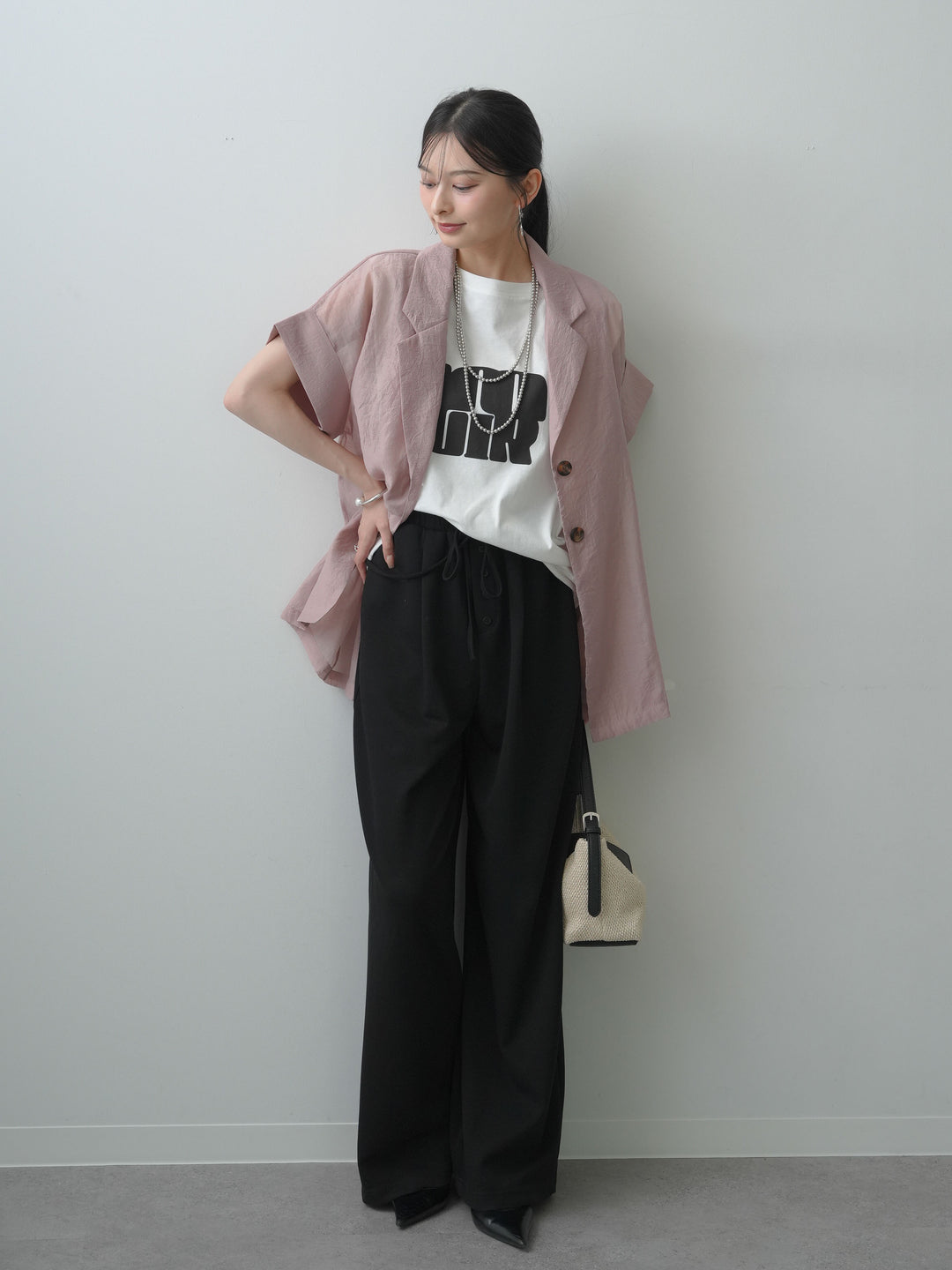 [SET]シアーオーバー半袖ジャケット+ショルダータックノースリーブオーバーTEE+リラックスドレープスウェットパンツ(3set)