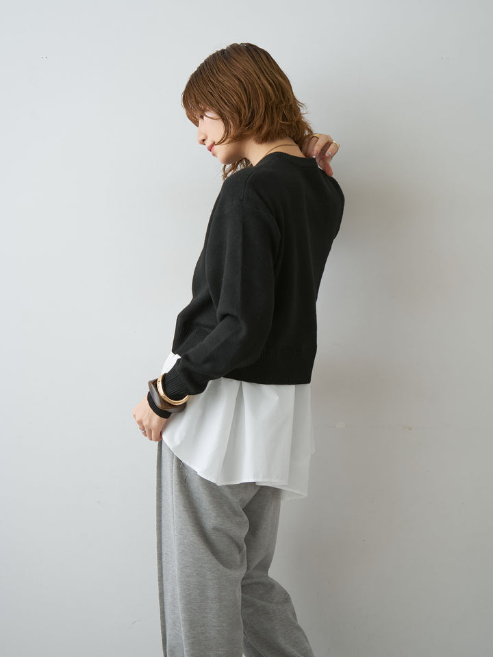 [予約]アシンメトリーシャツレイヤードニットプルオーバー/black