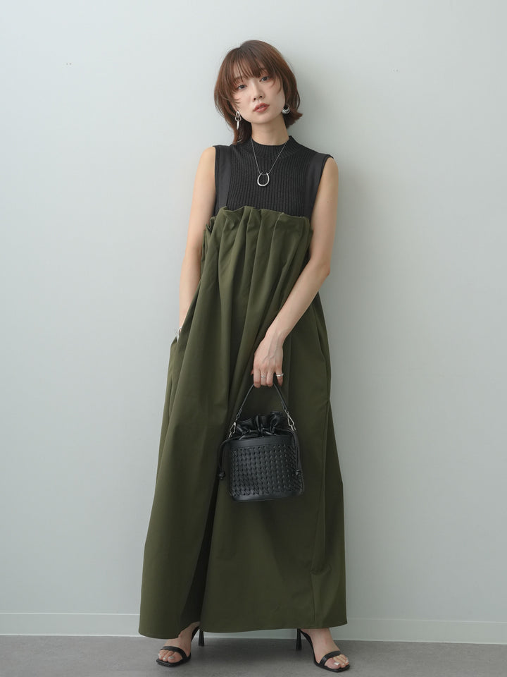 [SET]タックギャザーワンピース+ラメリブノースリニットトップス(2set)