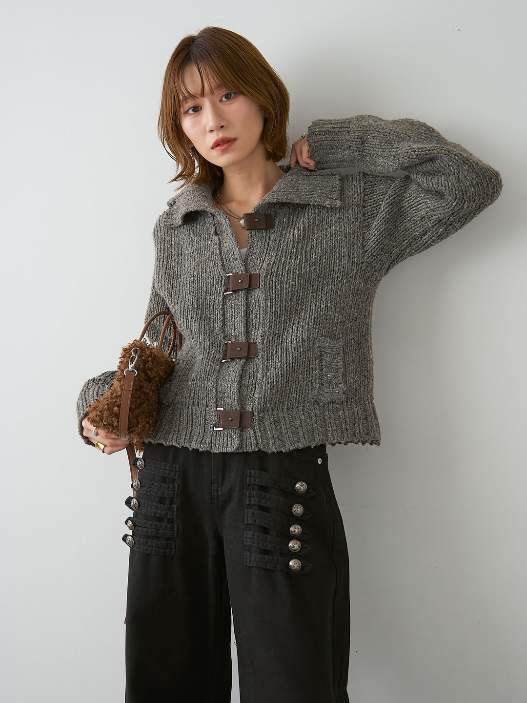 [SET]レザーベルトメランジニットカーディガン+選べるアクセセット(2set)