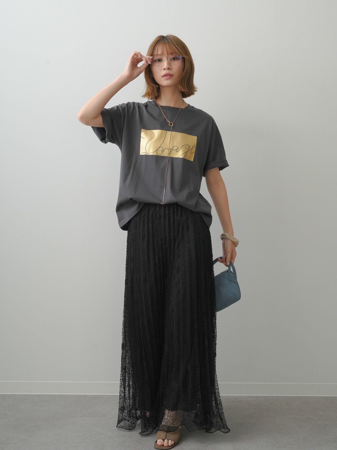 [SET]箔プリントボックスTEE+フローラルレースプリーツスカート(2set)