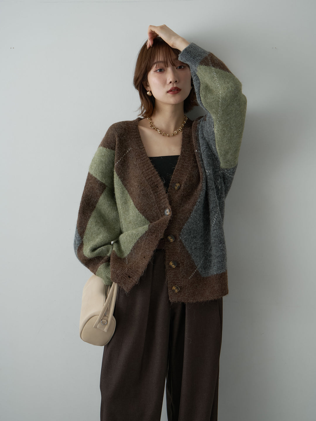 [SET]アーガイルオーバーニットカーディガン+選べるアクセセット(2set)