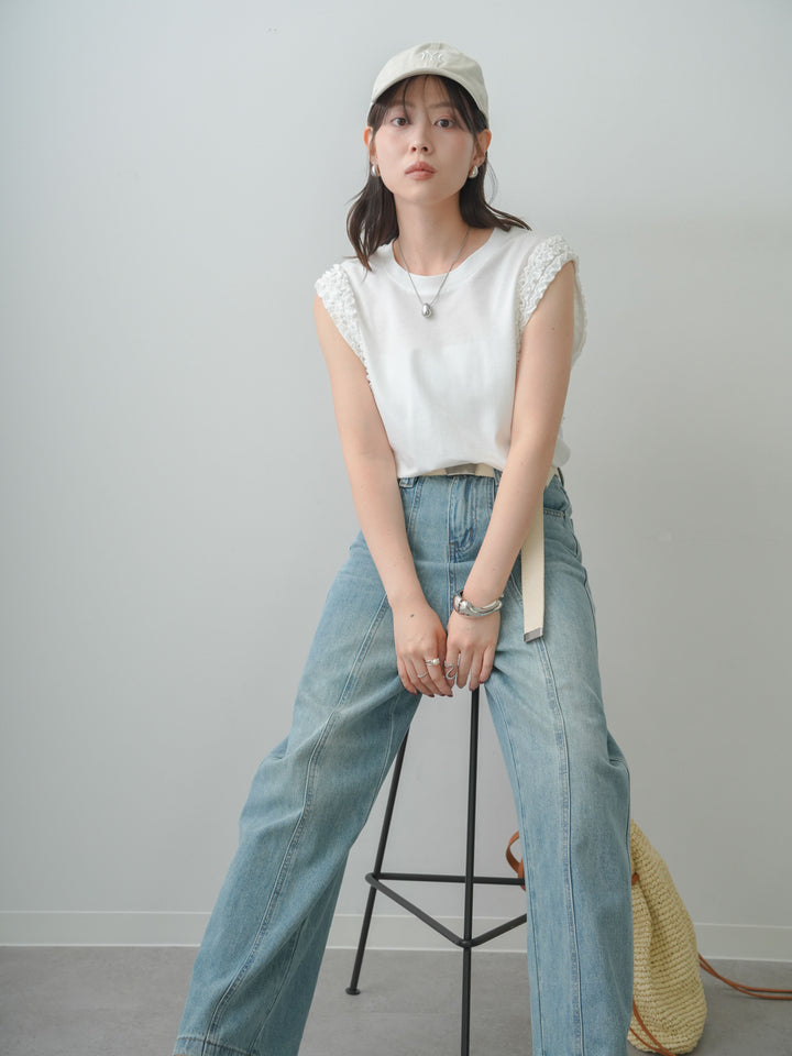[SET]ホイップフリルフレンチTEE+センターラインワイドストレートデニム(2set)
